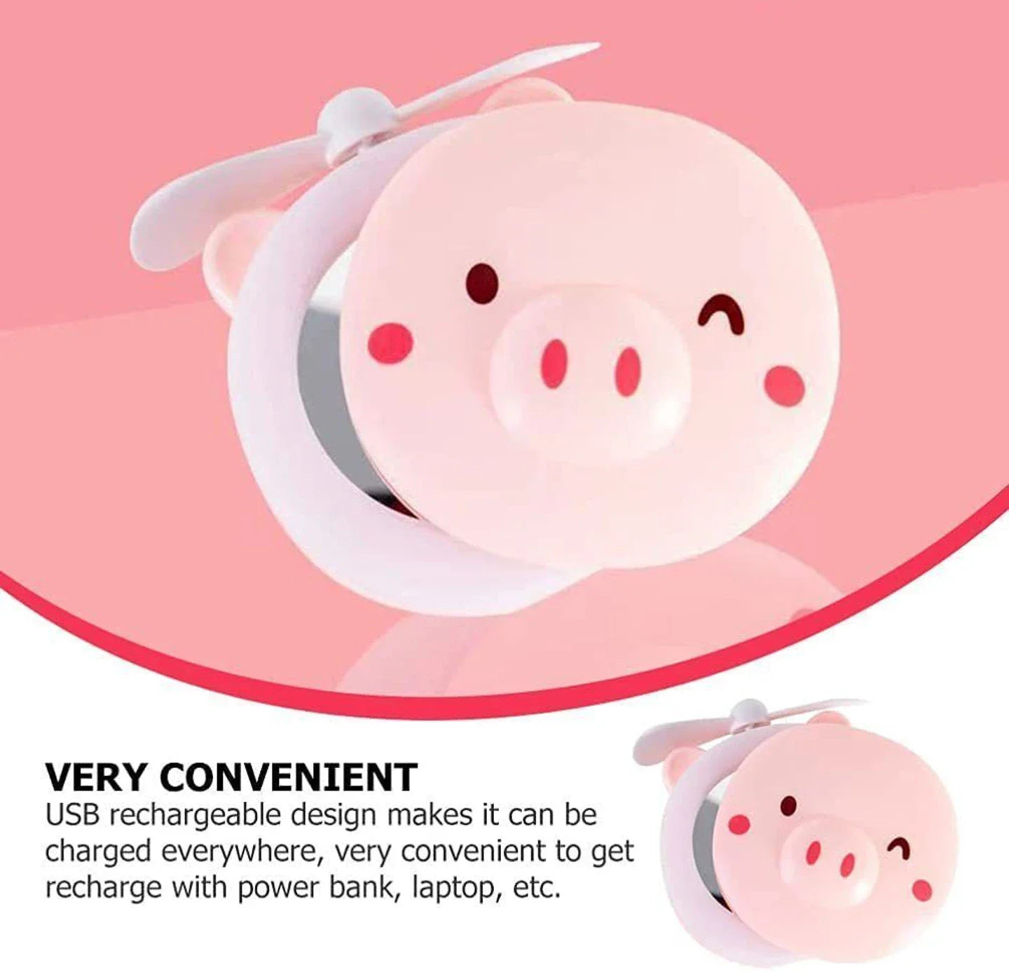 Portable Mini USB Fan – Cute Piggy Beauty Mirror Fan with LED Light & Handheld Design