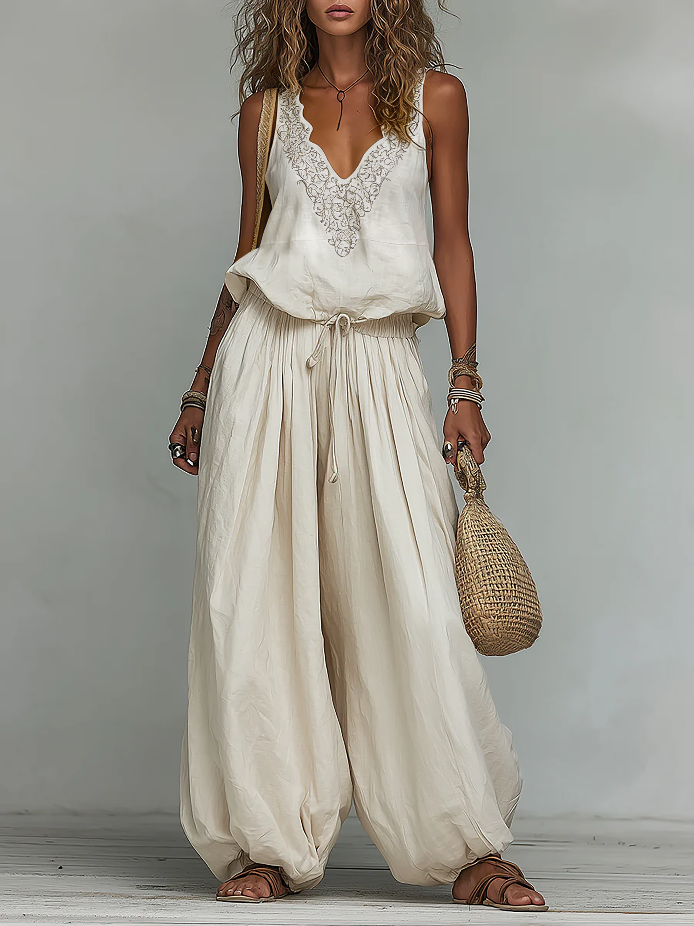 Boho Embroidered Vest & Balloon Pants Set