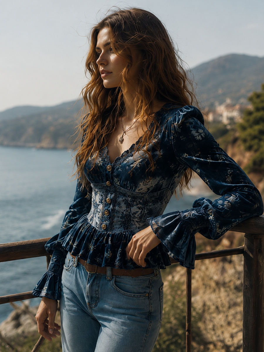 Vintage Blue Velvet Floral Print Corset Style Blouse