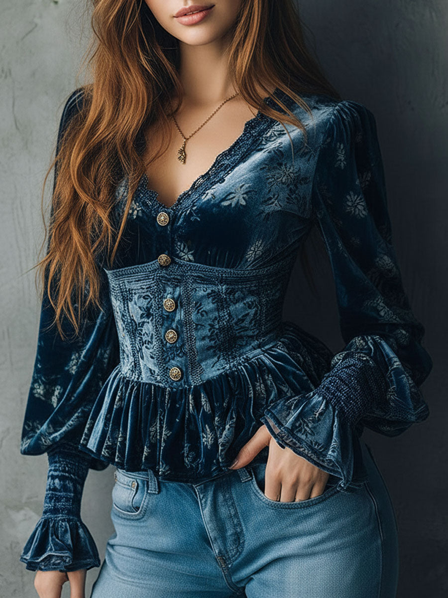Vintage Blue Velvet Floral Print Corset Style Blouse