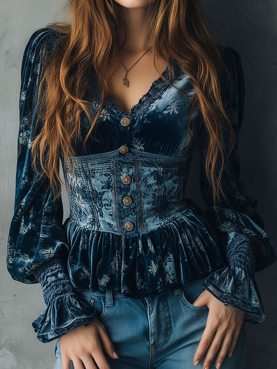 Vintage Blue Velvet Floral Print Corset Style Blouse