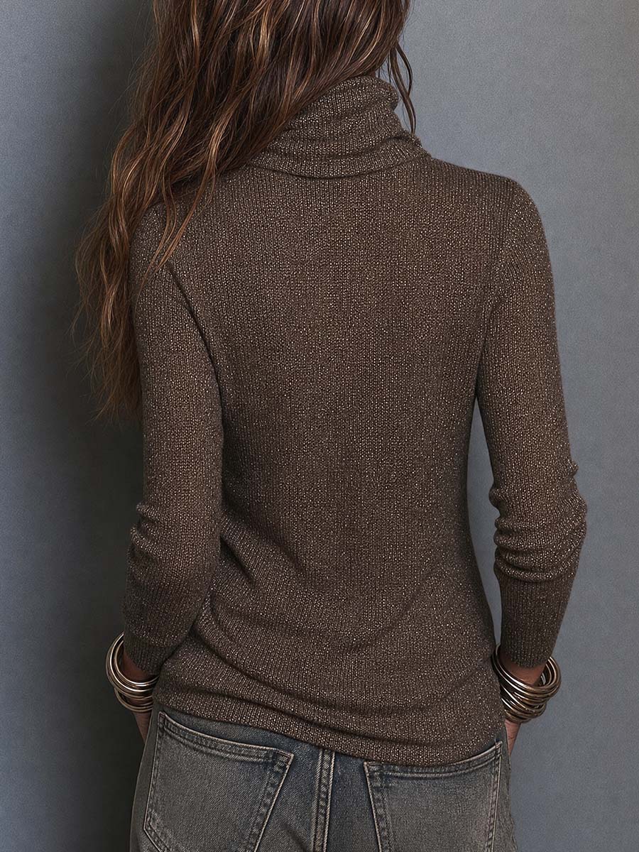 Boho Brown Lightweight Knit Cowl Neck Long Sleeve Slim Fit Top