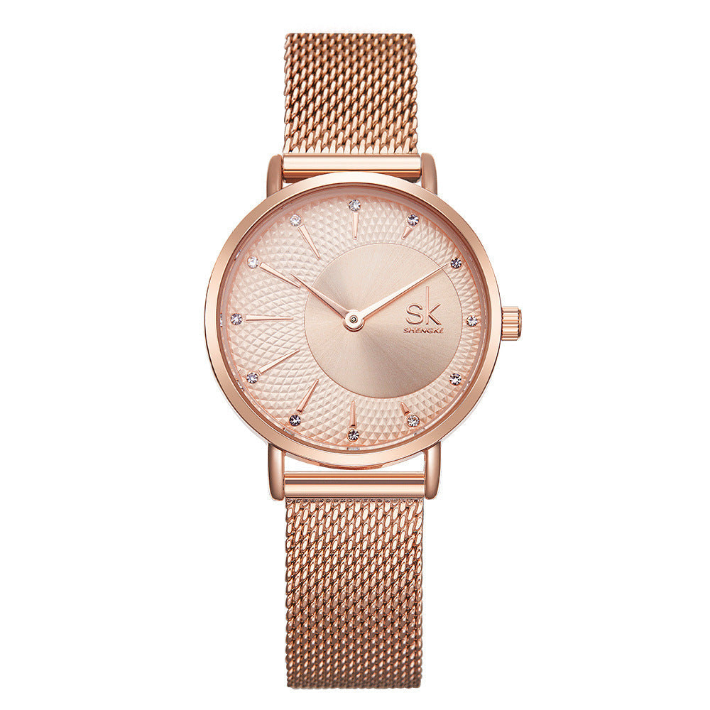 SK Women’s Quartz Watch – Diamond Dial Stainless Steel Mesh Fashion Timepiece