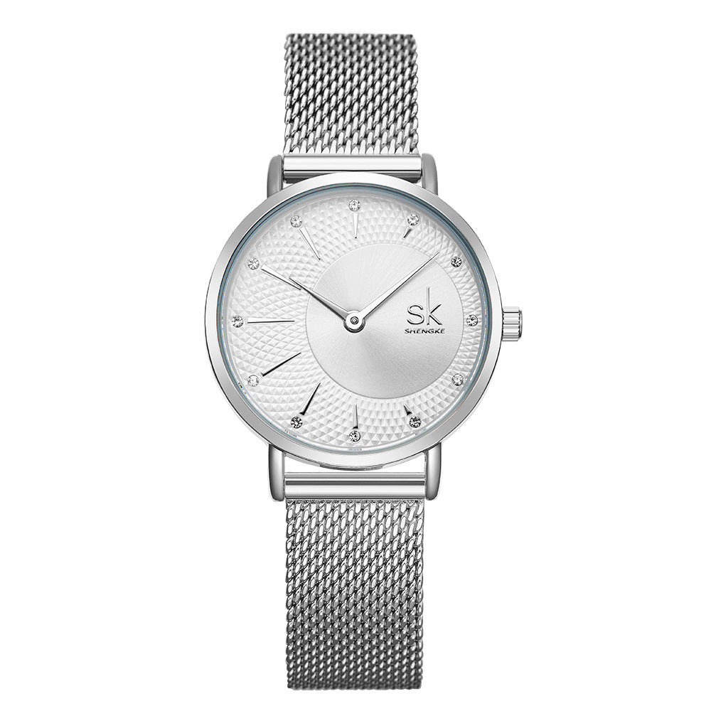 SK Women’s Quartz Watch – Diamond Dial Stainless Steel Mesh Fashion Timepiece