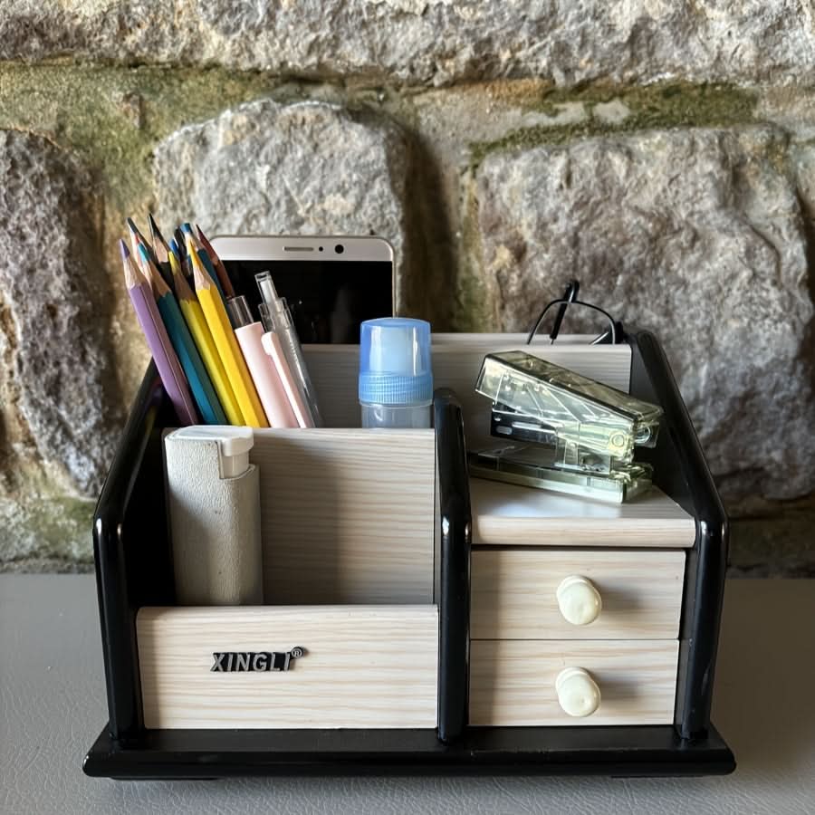 Wooden Desk Organizer with Drawers, Multifunctional