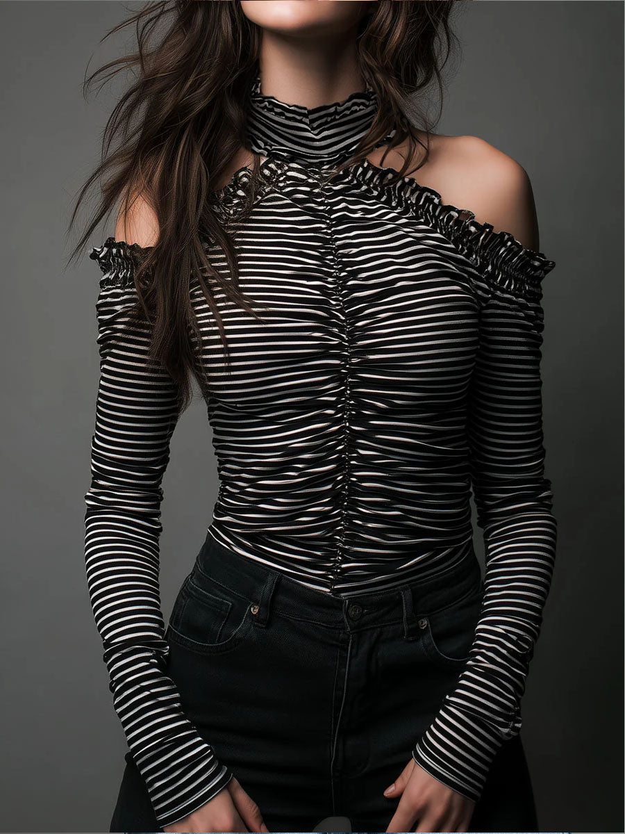 Classic High Neck Striped Cold-Shoulder Ruched Top