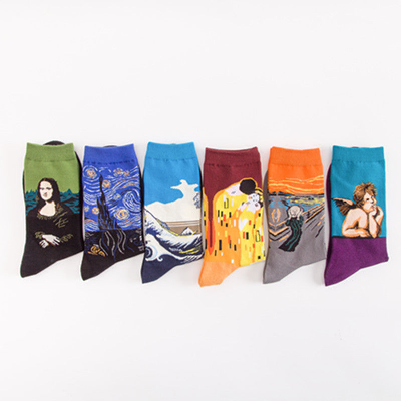 Men’s Cotton Mid-Tube Socks – Artistic Oil Painting Series Casual Crew Socks (39–46)