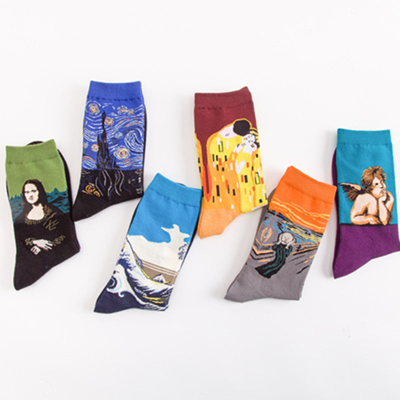 Men’s Cotton Mid-Tube Socks – Artistic Oil Painting Series Casual Crew Socks (39–46)