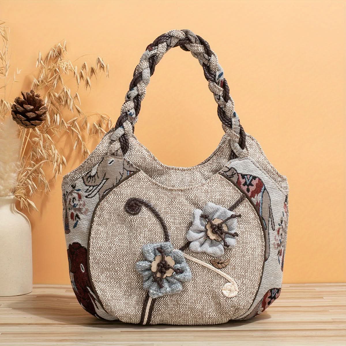Bohemian Fabric Handbag – Vibrant Floral, Foldable Design
