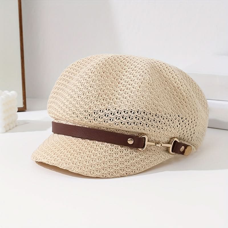 Women’s Knit Breton Cap – Stylish Packable Straw Hat with Buckle