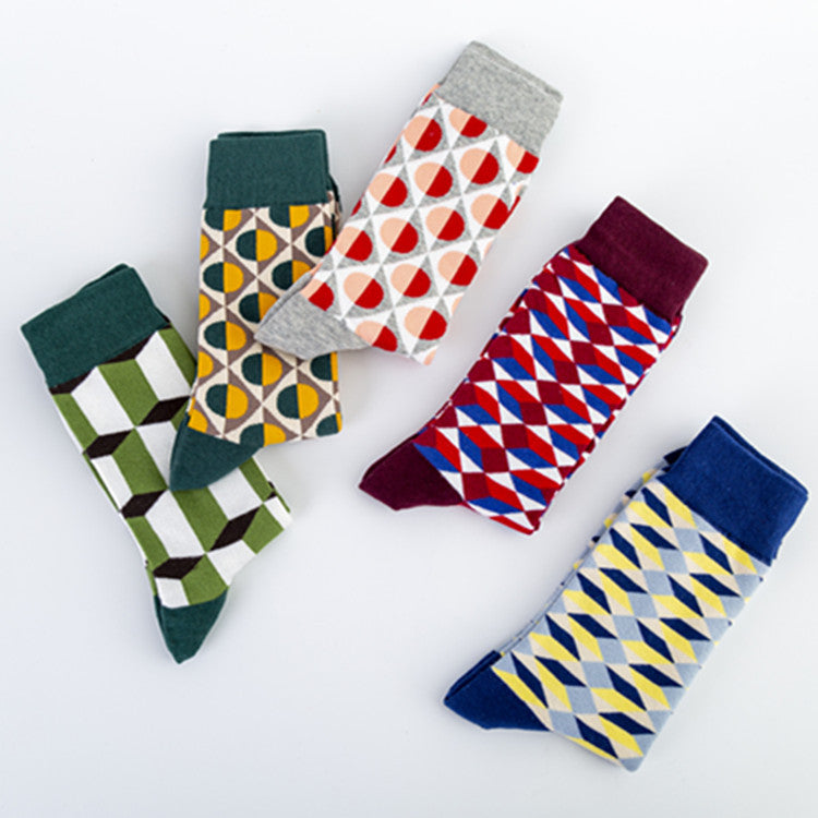 Unisex Cotton Crew Socks – British Style Geometric Pattern Casual Socks (40–46)