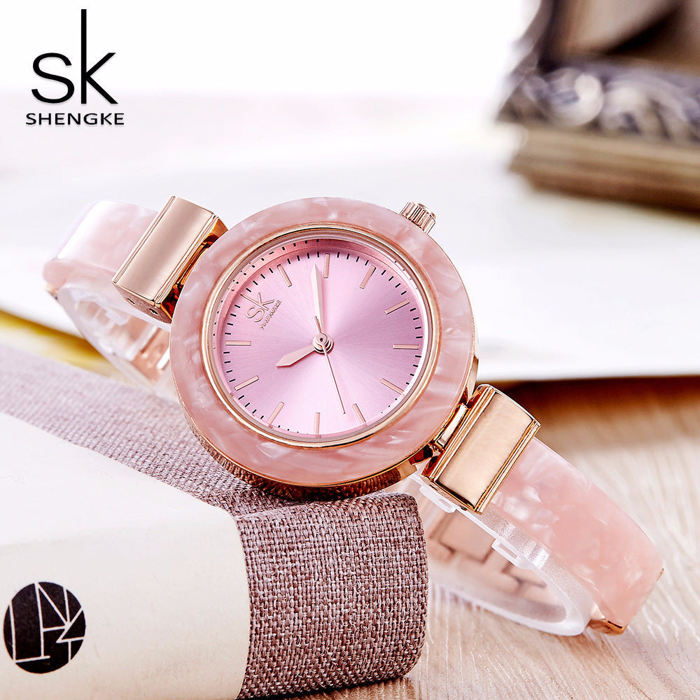 SK Women’s Quartz Watch – Stylish Ceramic Look Waterproof Wristwatch with Alloy Strap