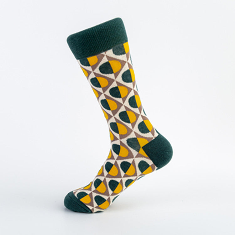 Unisex Cotton Crew Socks – British Style Geometric Pattern Casual Socks (40–46)