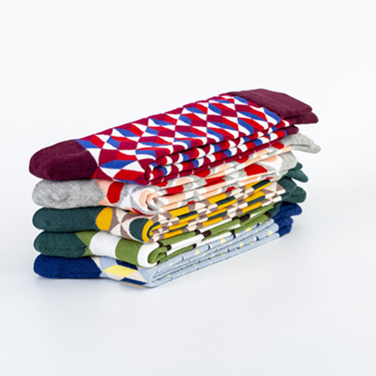 Unisex Cotton Crew Socks – British Style Geometric Pattern Casual Socks (40–46)