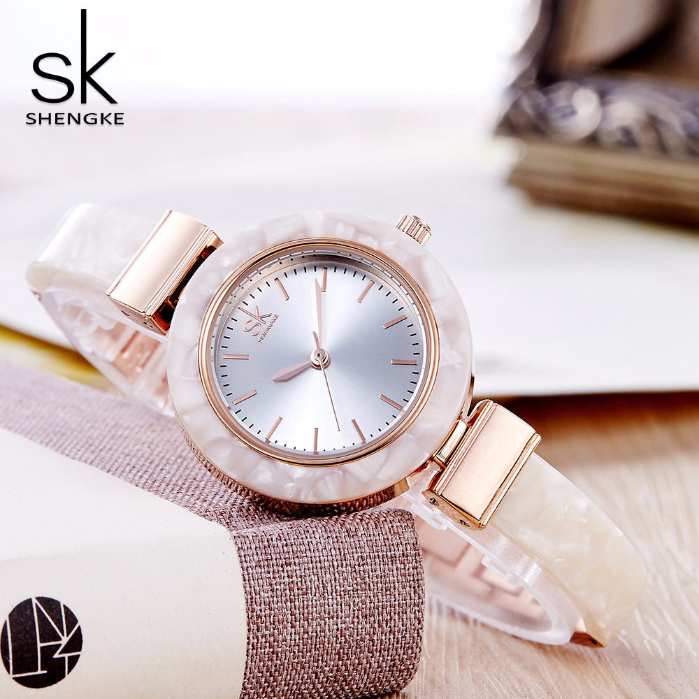 SK Women’s Quartz Watch – Stylish Ceramic Look Waterproof Wristwatch with Alloy Strap