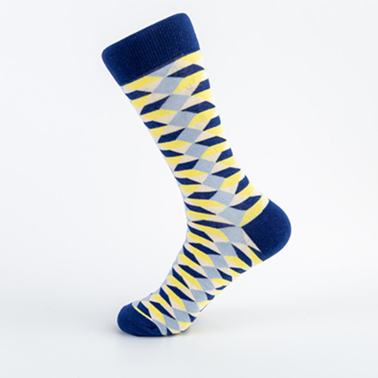Unisex Cotton Crew Socks – British Style Geometric Pattern Casual Socks (40–46)