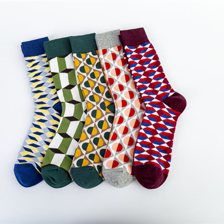 Unisex Cotton Crew Socks – British Style Geometric Pattern Casual Socks (40–46)