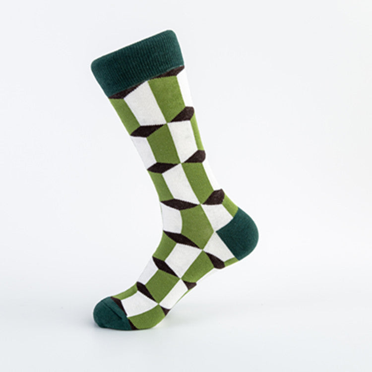 Unisex Cotton Crew Socks – British Style Geometric Pattern Casual Socks (40–46)