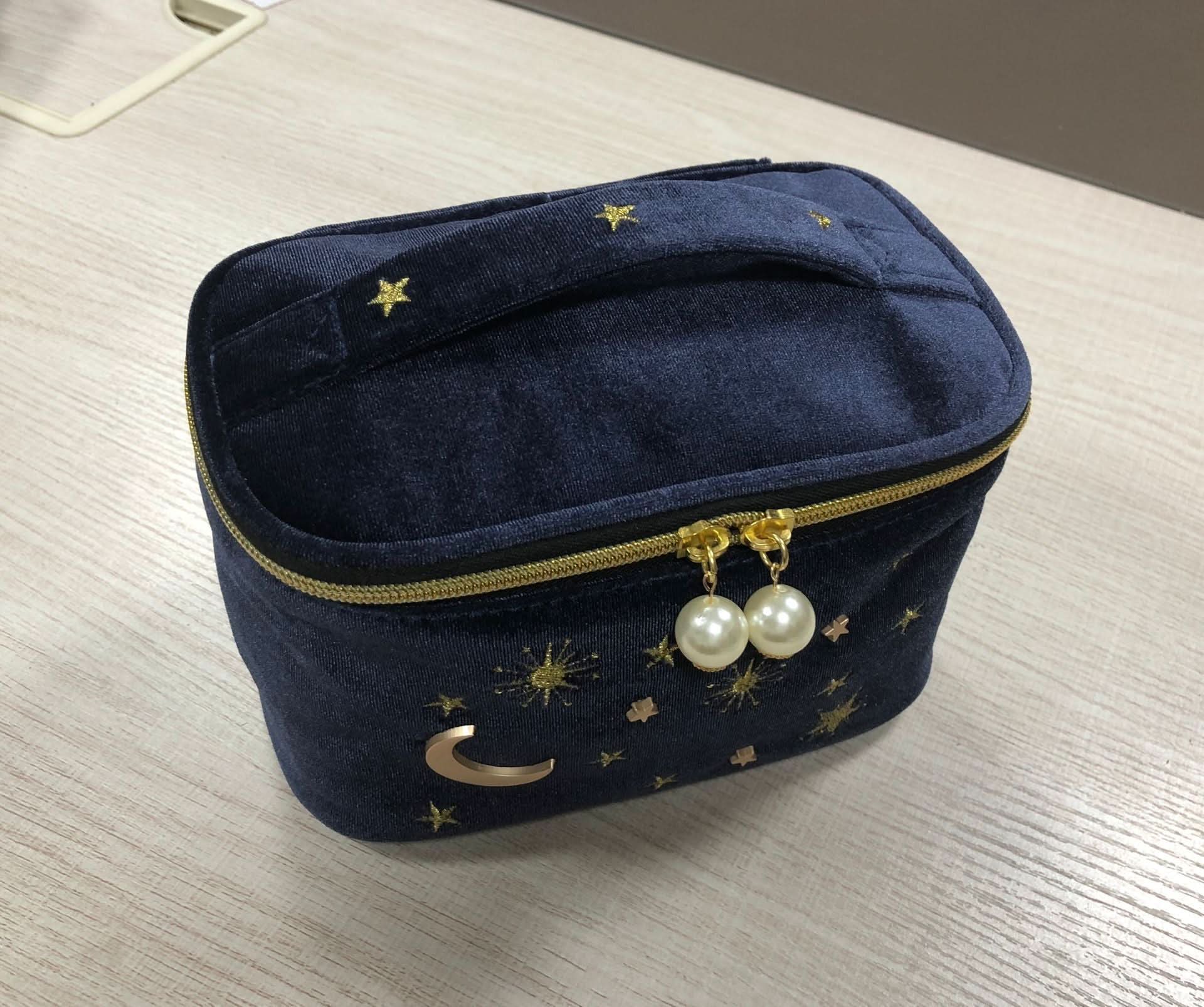 Velvet Tassel Makeup Bag - Large Capacity with Star and Moon Embroidery