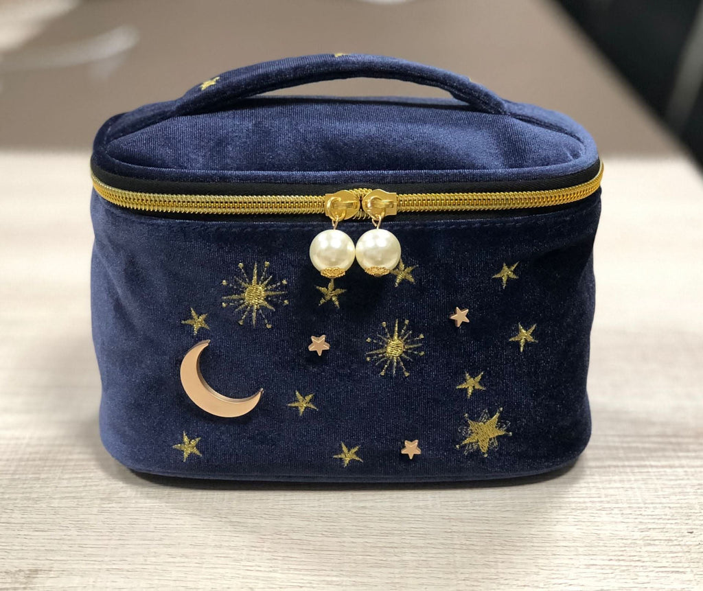 Velvet Tassel Makeup Bag - Large Capacity with Star and Moon Embroidery