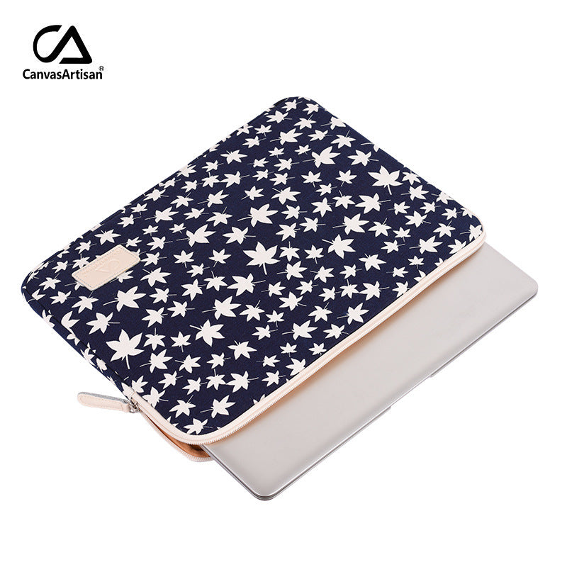 White Maple Leaf Laptop Sleeve – Canvas Shock-Resistant Case for 11–15 Inch Laptops