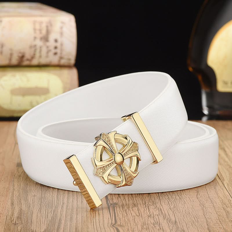 Elegant Men’s Leather Belt with Flower Buckle