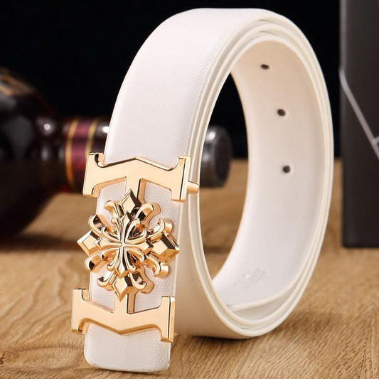 Elegant Men’s Leather Belt with Flower Buckle