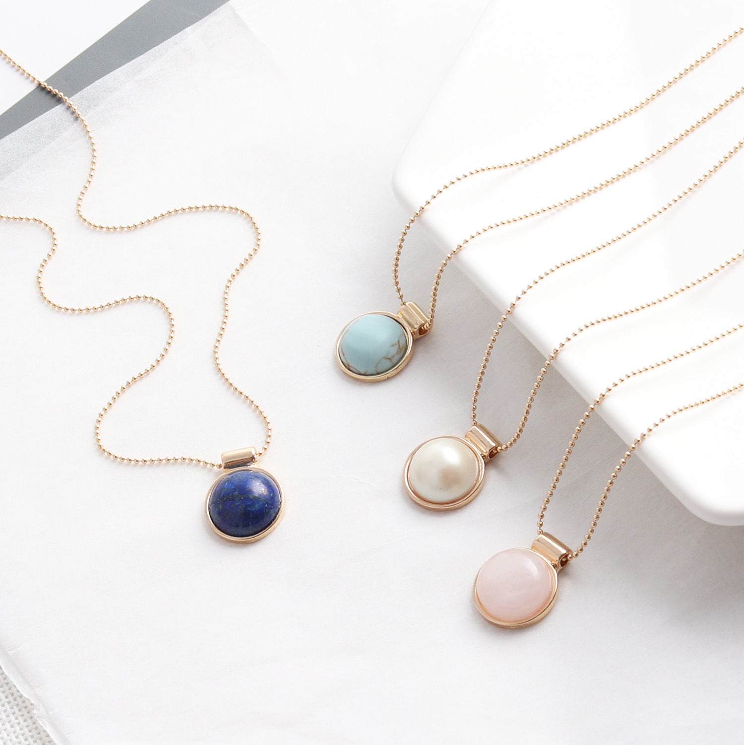Natural Stone Pendant Necklace – Elegant Round Alloy Beaded Chain for Women