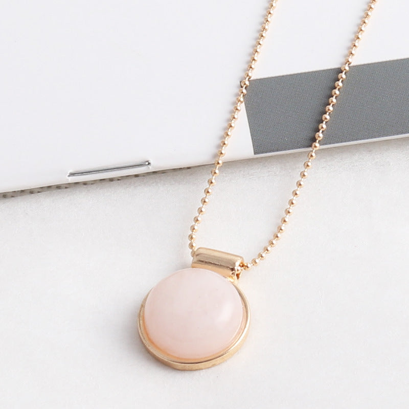 Natural Stone Pendant Necklace – Elegant Round Alloy Beaded Chain for Women