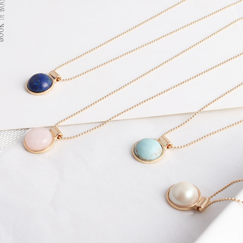 Natural Stone Pendant Necklace – Elegant Round Alloy Beaded Chain for Women