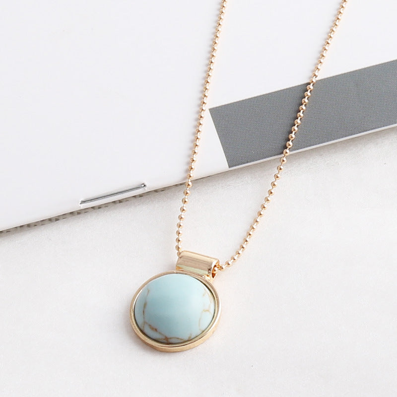 Natural Stone Pendant Necklace – Elegant Round Alloy Beaded Chain for Women