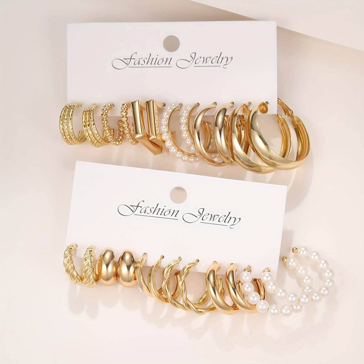 24-Pair Chic Geometric & Faux Pearl Hoop Earrings Set