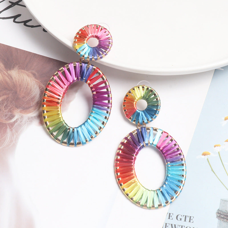 Colorful Raffia Braided Earrings for Women – Hollow Geometric Statement Jewelry