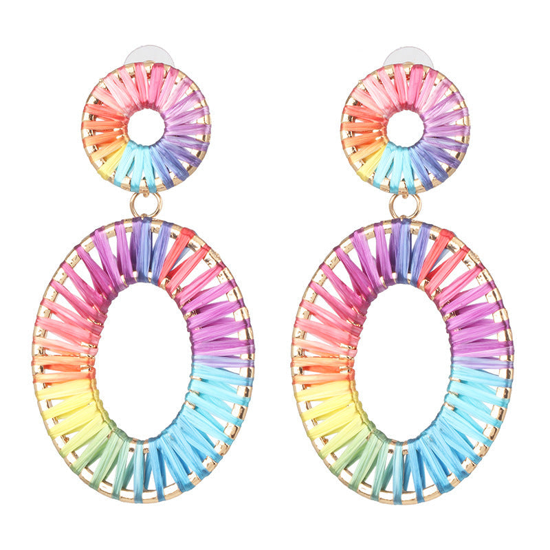 Colorful Raffia Braided Earrings for Women – Hollow Geometric Statement Jewelry