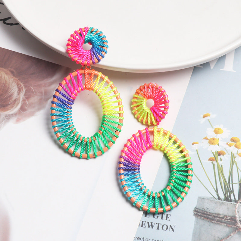 Colorful Raffia Braided Earrings for Women – Hollow Geometric Statement Jewelry