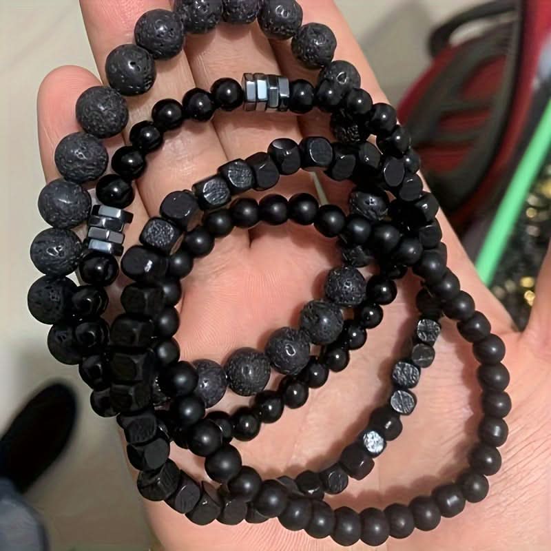 Men's Natural Stone Bead Bracelet Set - 4pcs