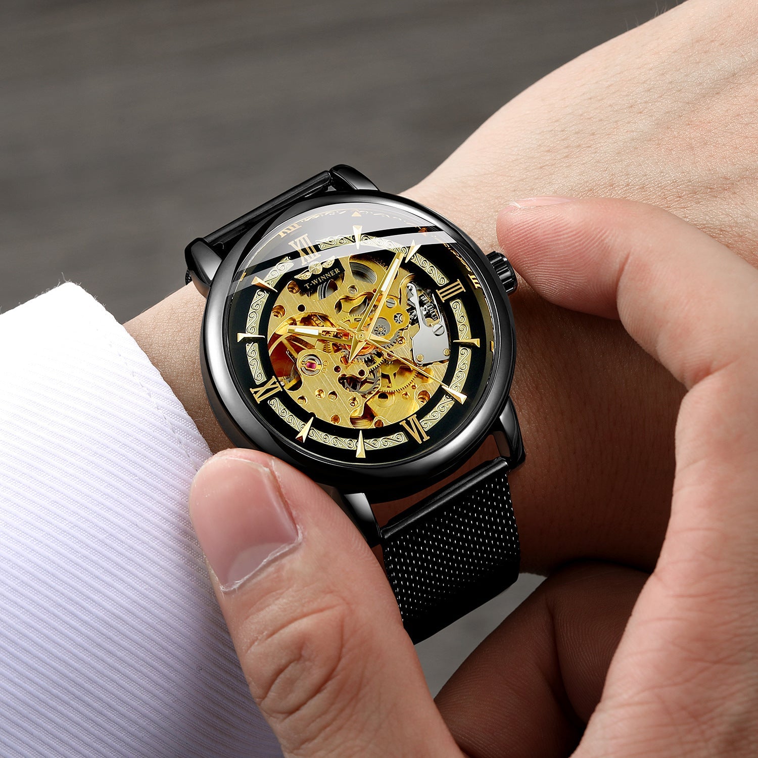 T-WINNER Automatic Mechanical Watch for Men – Luminous Timepiece with Mesh Strap