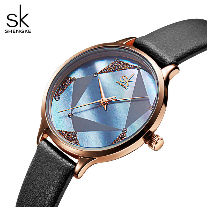 SK Women’s Quartz Watch – Geometric Dial & Leather Strap, 30M Waterproof