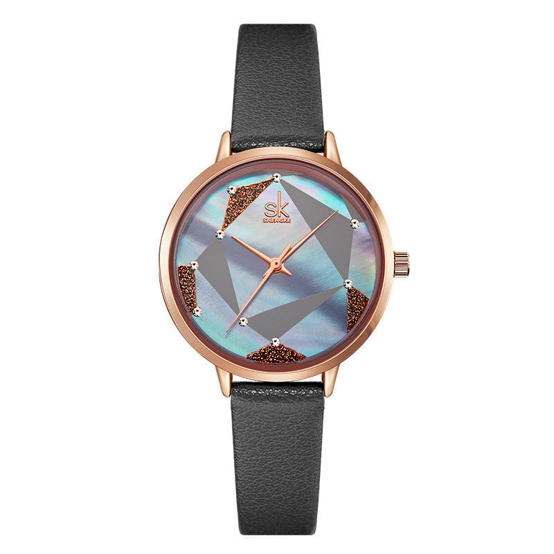 SK Women’s Quartz Watch – Geometric Dial & Leather Strap, 30M Waterproof