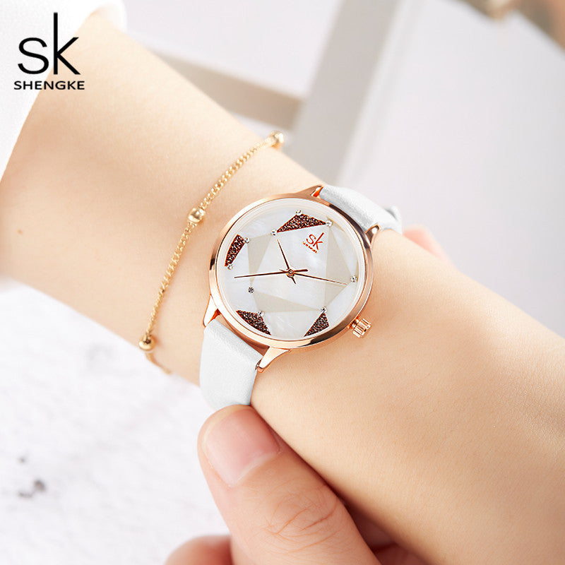 SK Women’s Quartz Watch – Geometric Dial & Leather Strap, 30M Waterproof