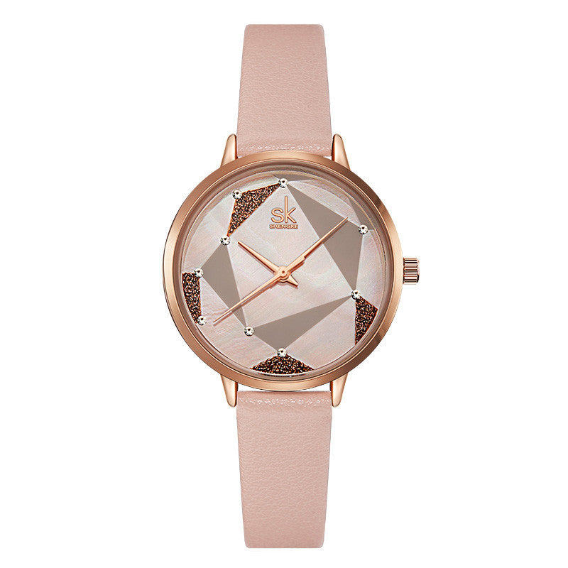 SK Women’s Quartz Watch – Geometric Dial & Leather Strap, 30M Waterproof