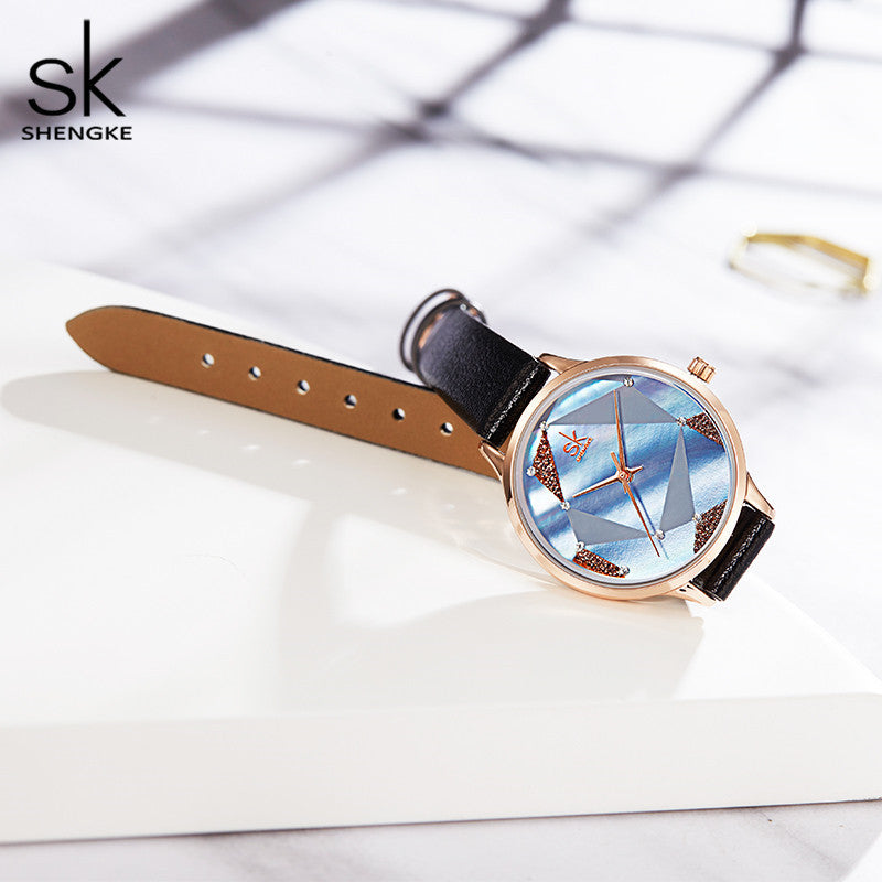 SK Women’s Quartz Watch – Geometric Dial & Leather Strap, 30M Waterproof