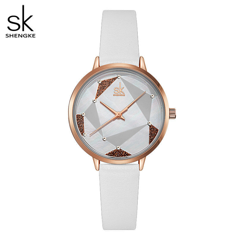 SK Women’s Quartz Watch – Geometric Dial & Leather Strap, 30M Waterproof