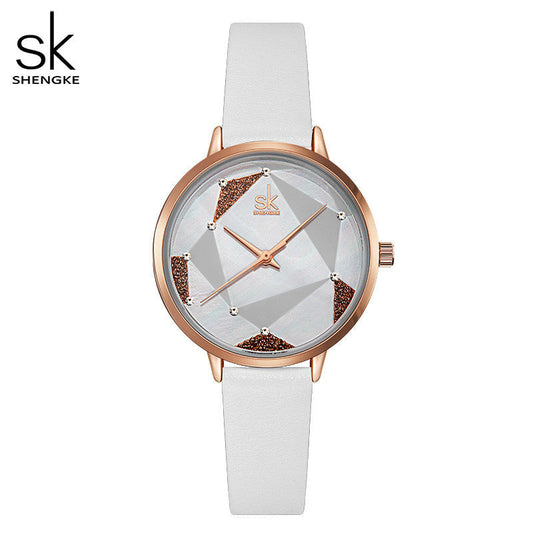 SK Women’s Quartz Watch – Geometric Dial & Leather Strap, 30M Waterproof