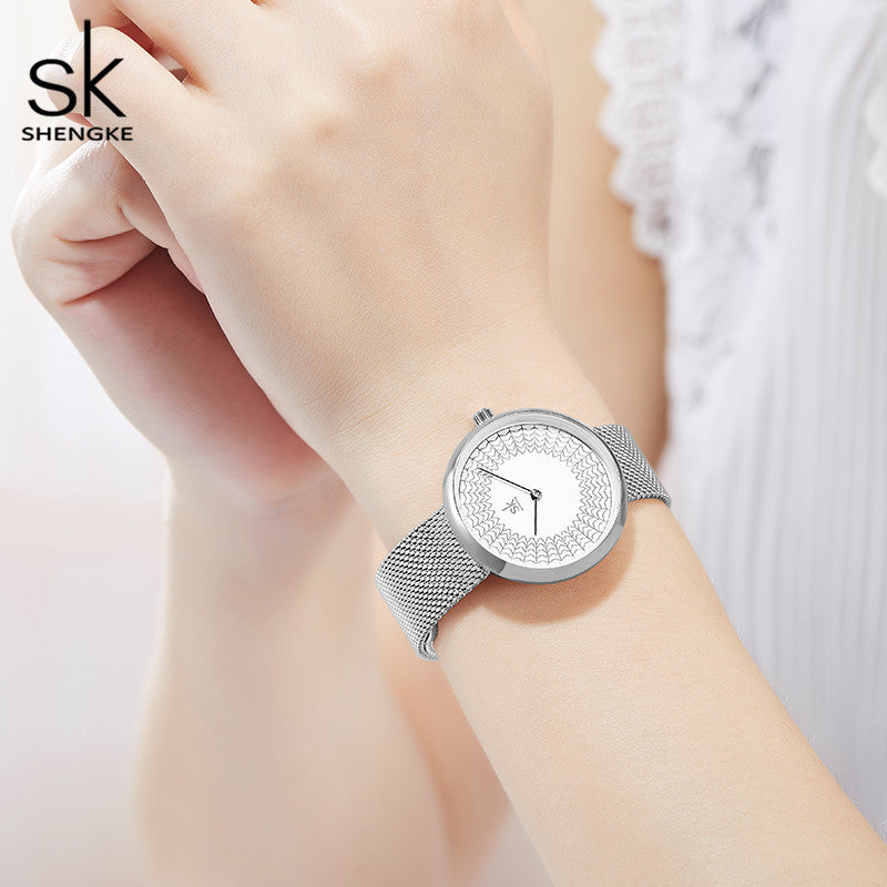 SK Women’s Quartz Watch – Rhinestone Dial, Stainless Steel Mesh Band, 30M Waterproof
