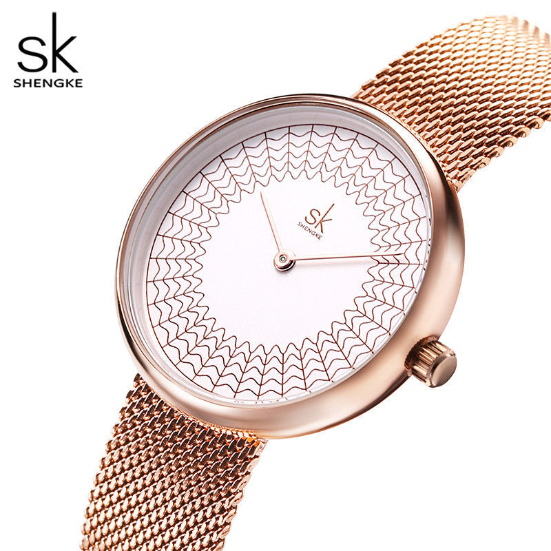 SK Women’s Quartz Watch – Rhinestone Dial, Stainless Steel Mesh Band, 30M Waterproof