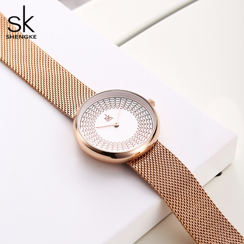 SK Women’s Quartz Watch – Rhinestone Dial, Stainless Steel Mesh Band, 30M Waterproof