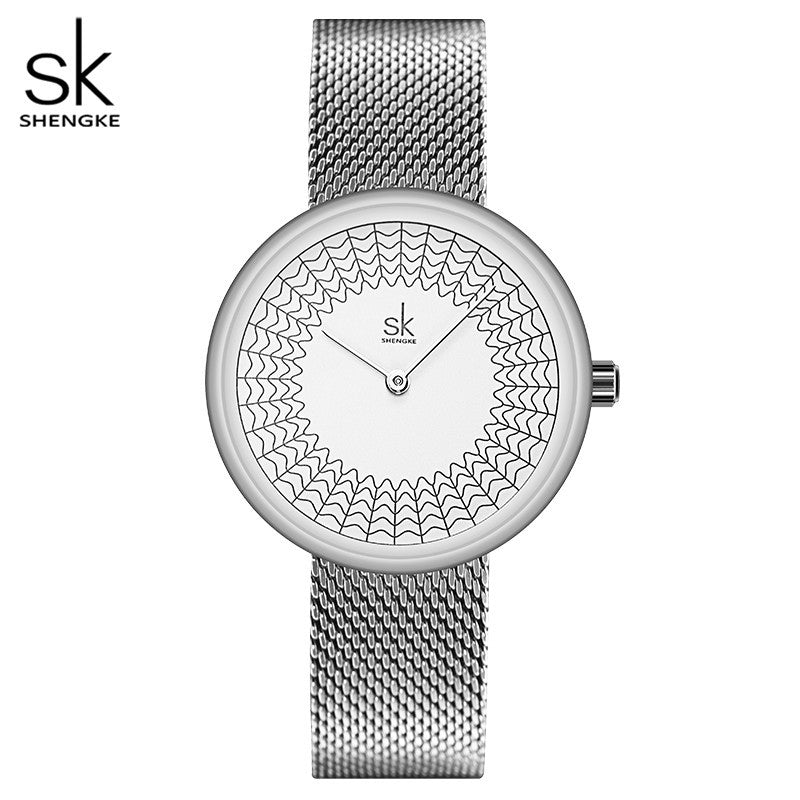 SK Women’s Quartz Watch – Rhinestone Dial, Stainless Steel Mesh Band, 30M Waterproof