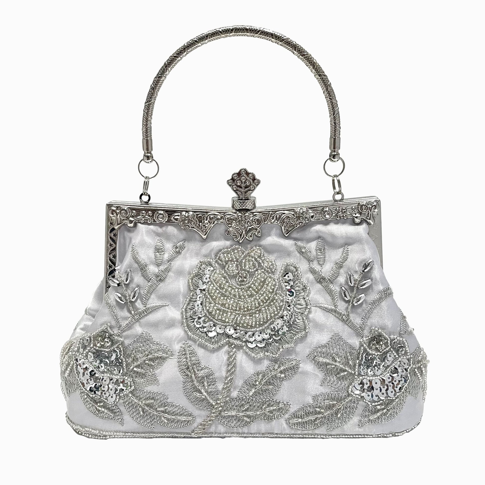 Vintage Floral Beaded Clutch, Satin Evening Bag