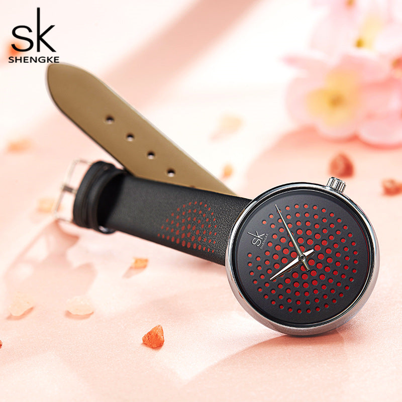 SK Women’s Quartz Watch – 3D Pattern Dial, Leather Strap, 30M Waterproof